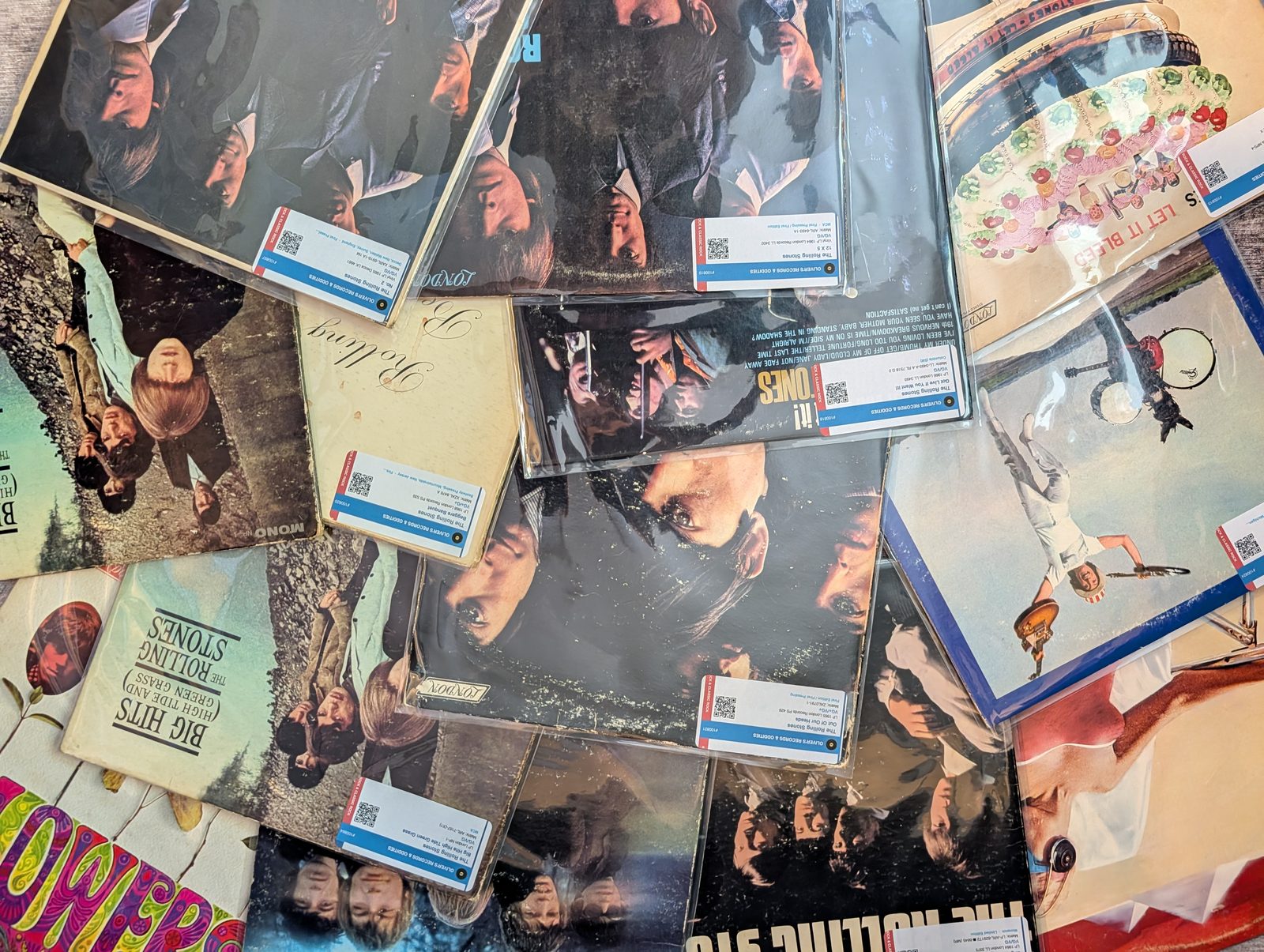 Rolling Stones London Records collection spread out — 12x5, Let It Bleed, Big Hits, Beggars Banquet, Flowers, Get Yer Ya-Ya's Out